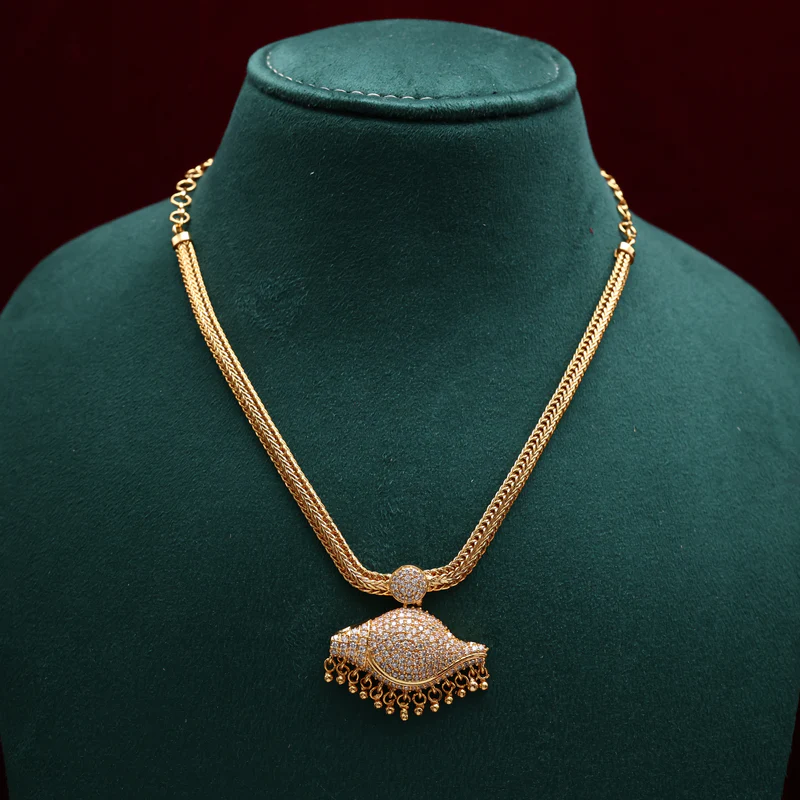Real Gold Tone Traditional Shankh Pendant Necklace - Full White